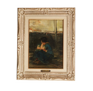 Max Lieberman Attribution Oil on Board Painting Forlorn Woman at Curbside | Work of Man