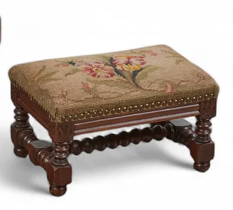 Antique French Louis XIV Style Needlepoint Upholstered Walnut Foot Stool Late 19th Century | Work of Man