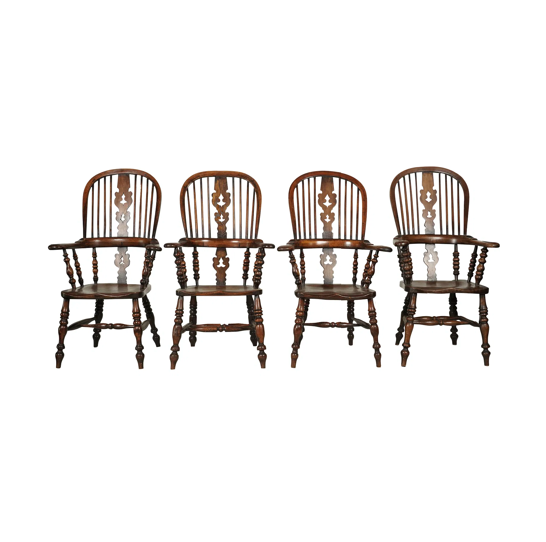 Antique Yew Wood & Elm American Sack Back Windsor Armchairs Set of Four Mid 19th Century | Work of Man