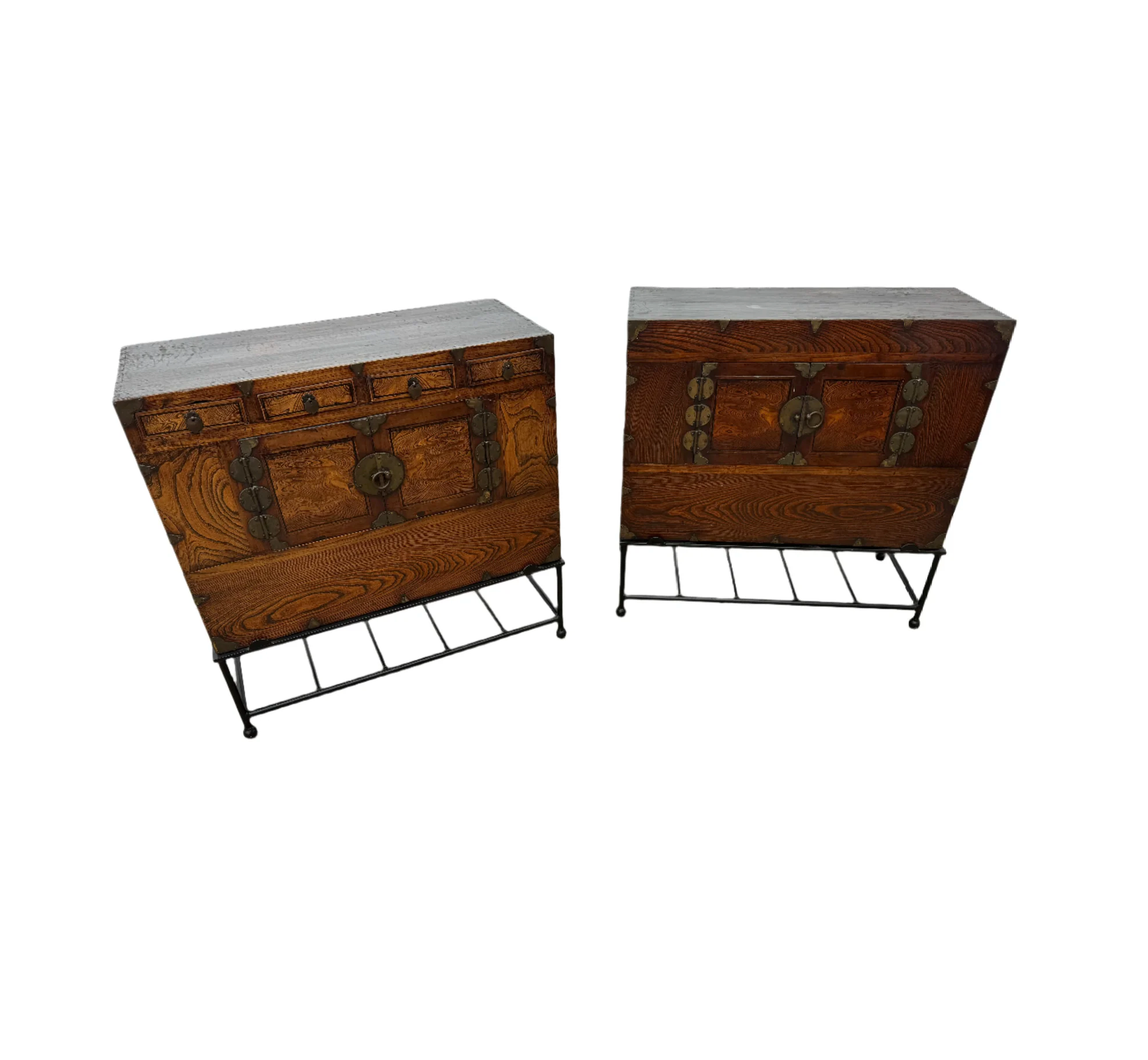 Antique Pair of Korean Elmwood Medicine Chests on Later Iron Stands | Work of Man
