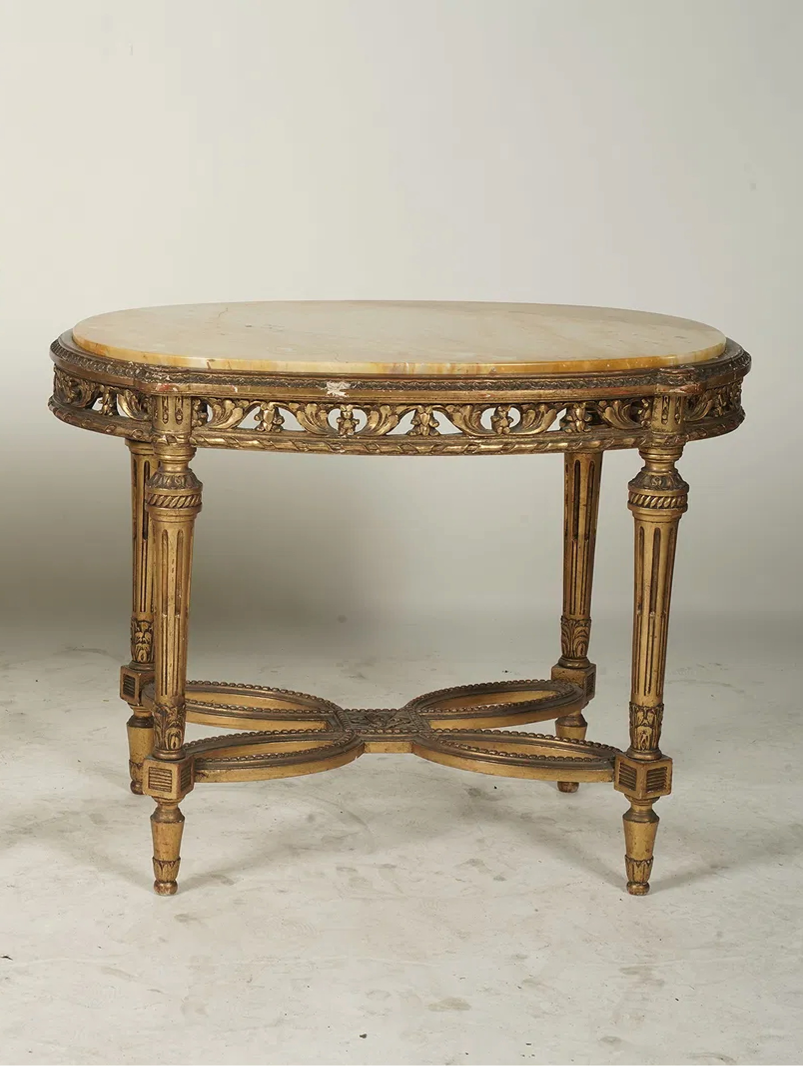 AF1-180: Antique Louis XVI Carved Gilt Wood Marble Top Oval Salon Side Table Late 19th Century