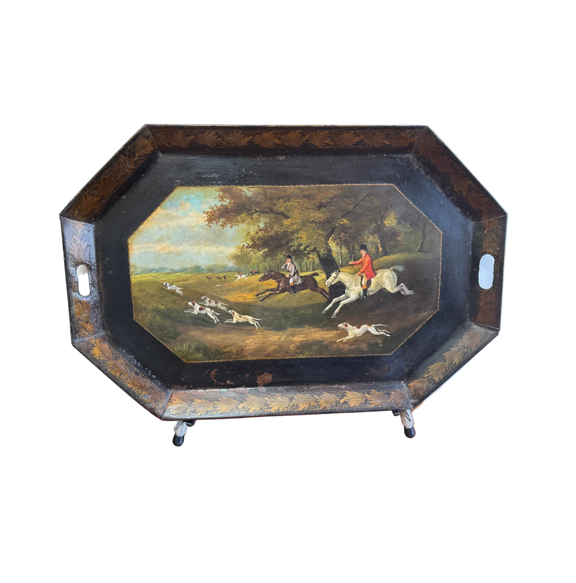 Antique English Tole Tray Table Fox Hunt Scene | Work of Man