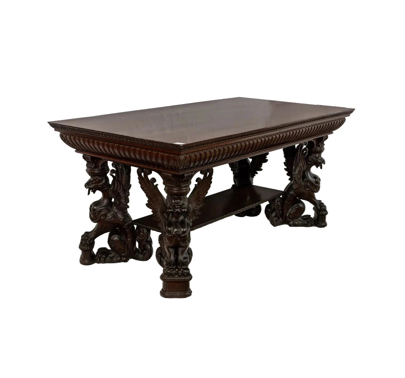 Antique  R.J. Horner Carved Mahogany Library Table With Winged Griffin | Work of Man