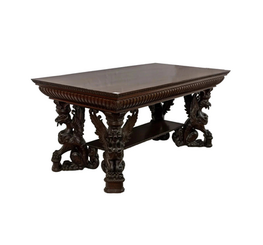 Antique  R.J. Horner Carved Mahogany Library Table With Winged Griffin | Work of Man