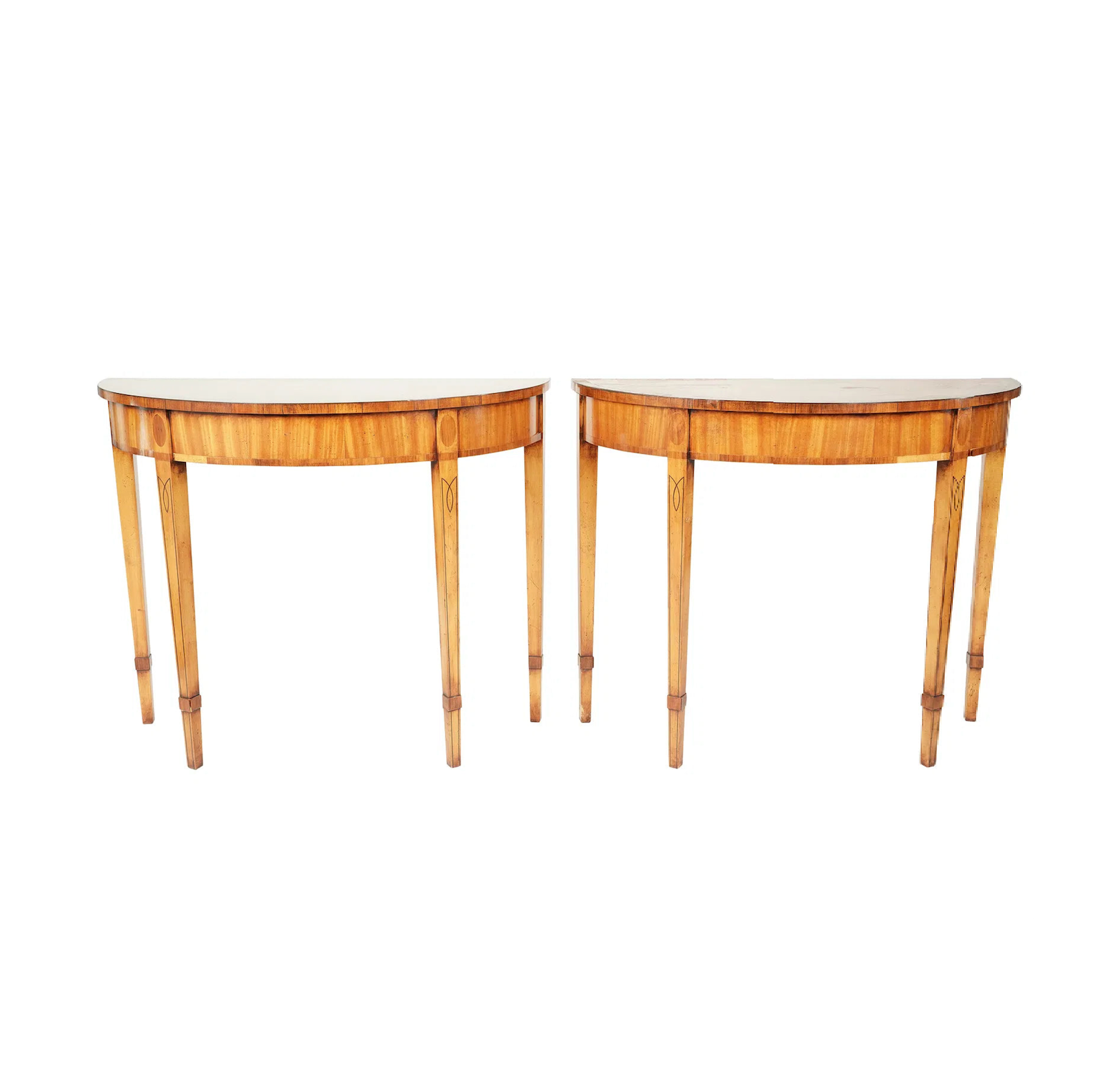 Antique Pair Hepplewhite Inlaid Satinwood Demilune Console Tables Early 20th Century | Work of Man