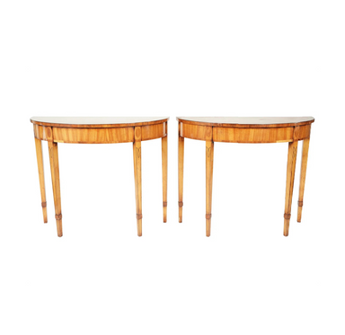 Antique Pair Hepplewhite Inlaid Satinwood Demilune Console Tables Early 20th Century | Work of Man