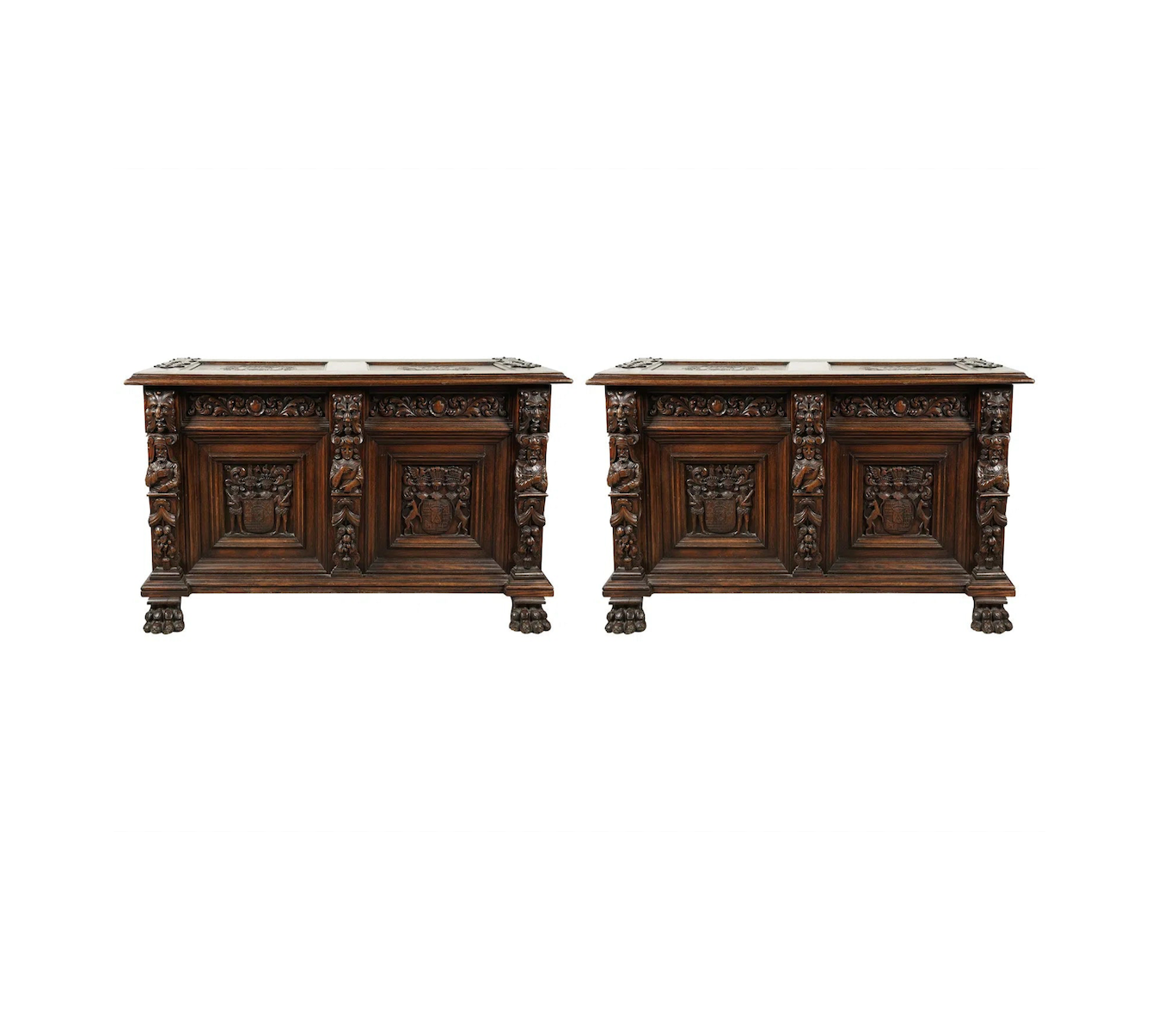 Antique Pair of Renaissance Revival Highly Carved Oak Coffers Circa 1913 | Work of Man