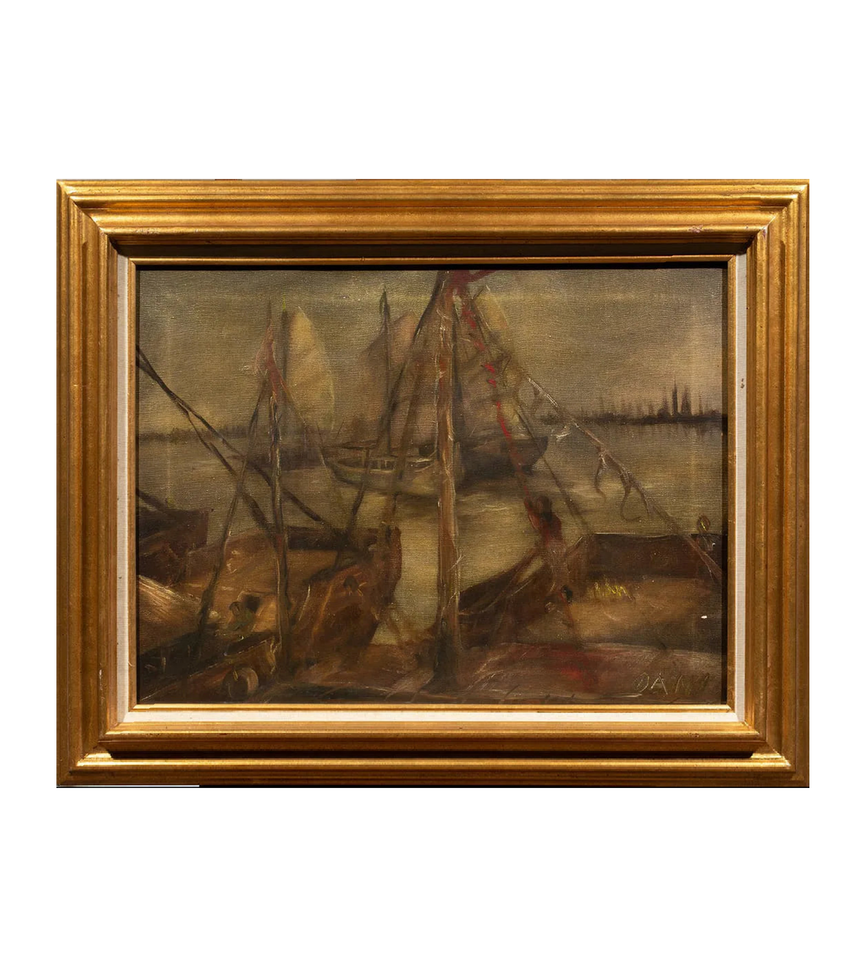 Oani American WPA Ashcan Oil on Canvas Painting of Boats at Harbor | Work of Man