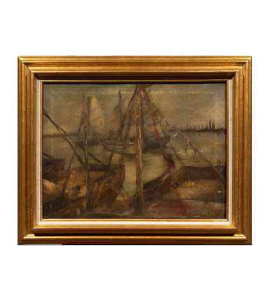 Oani American WPA Ashcan Oil on Canvas Painting of Boats at Harbor | Work of Man