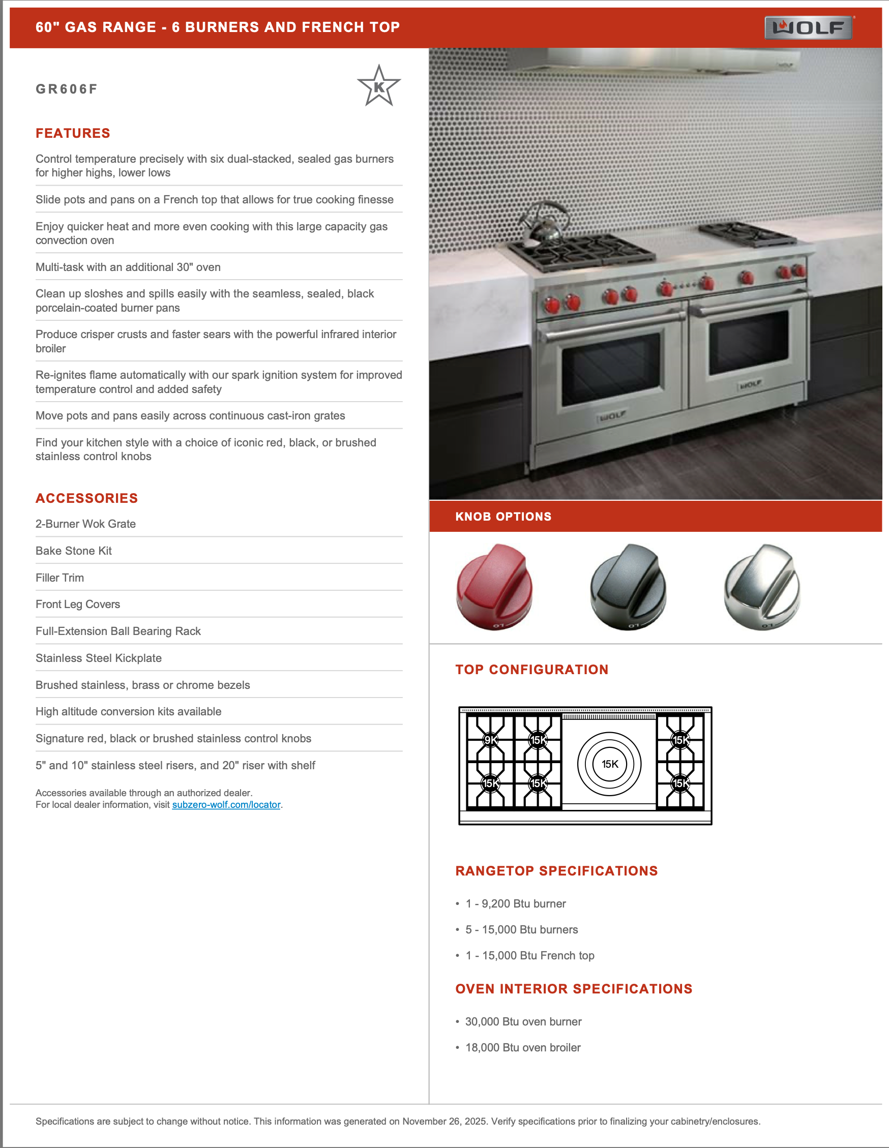 CR13-001: Wolf 60" Gas Range Model # GR606F With French Top Never Used