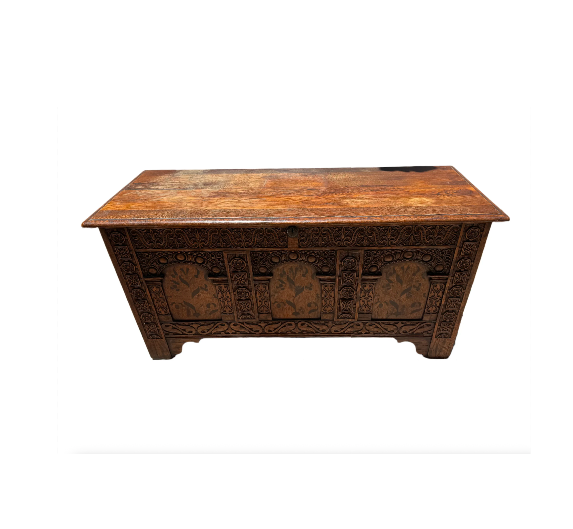 Antique Carved Oak Jacobean  Marquetry Blanket Chest  | Work of Man