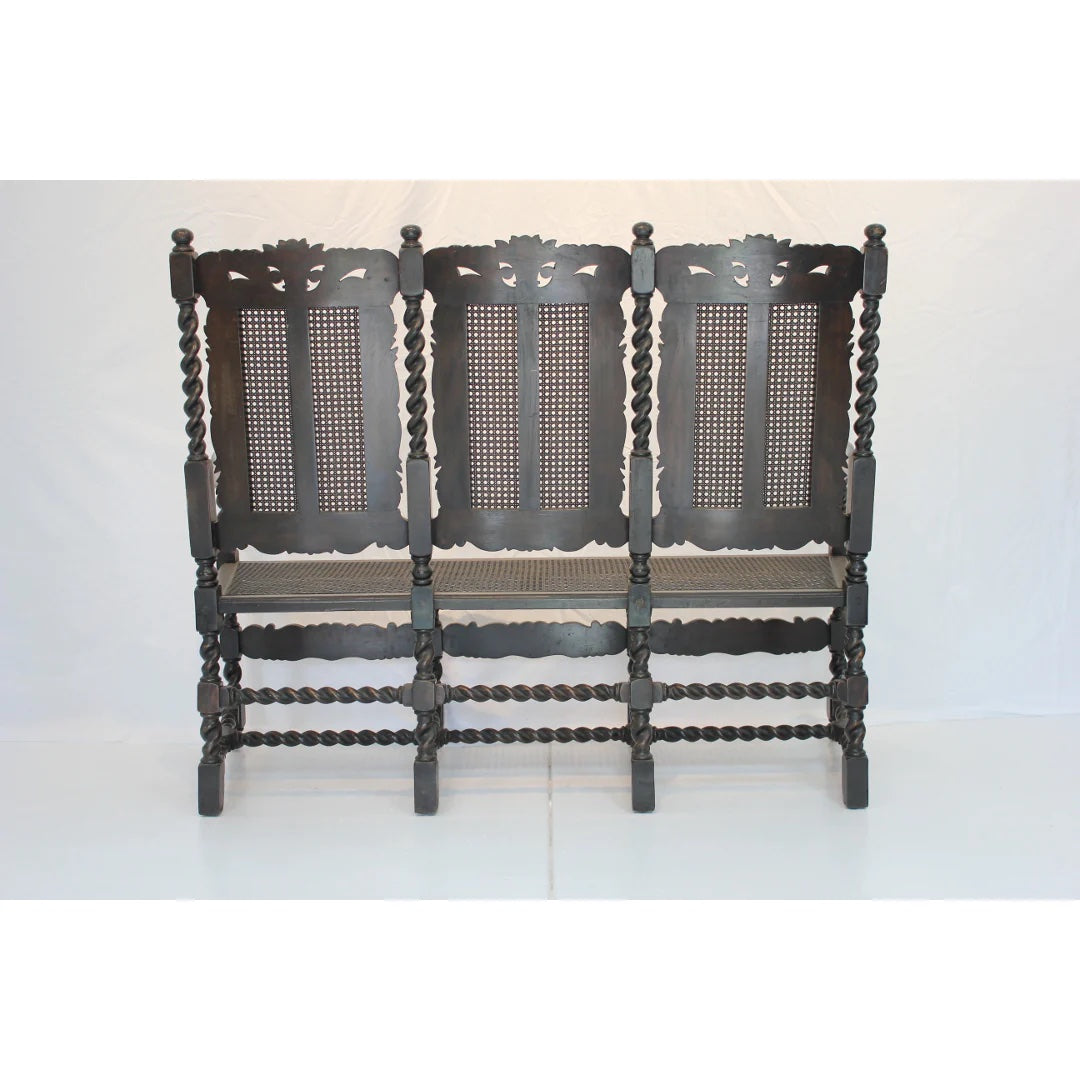 AF2-127: Antique Late 19th Century Jacobean Style Carved Oak Caned Hall Settee