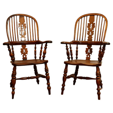 Antique Pair of Early - Mid 19th Century Yew Wood & Elm American Sack Back Windsor Armchairs | Work of Man