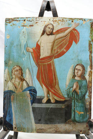 AW940: Russian Icon Christ With Arch Angeles Oil on Wood Board 19th Century