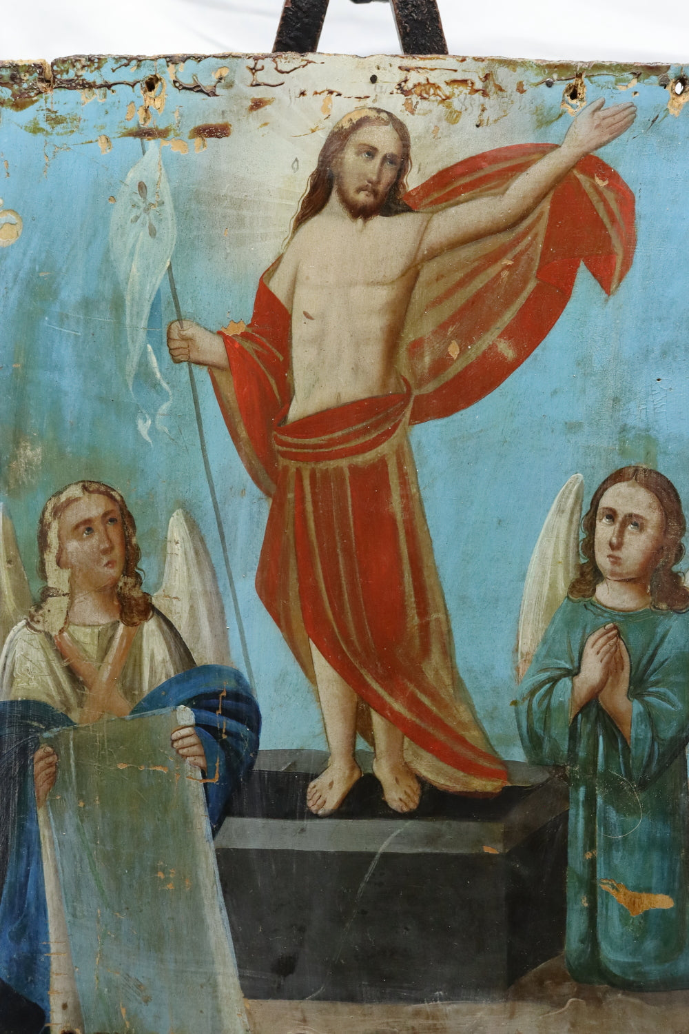 AW940: Russian Icon Christ With Arch Angeles Oil on Wood Board 19th Century
