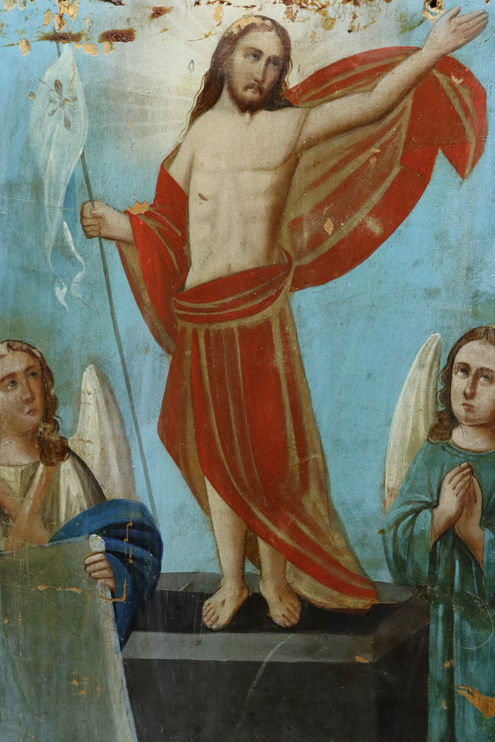 AW940: Russian Icon Christ With Arch Angeles Oil on Wood Board 19th Century