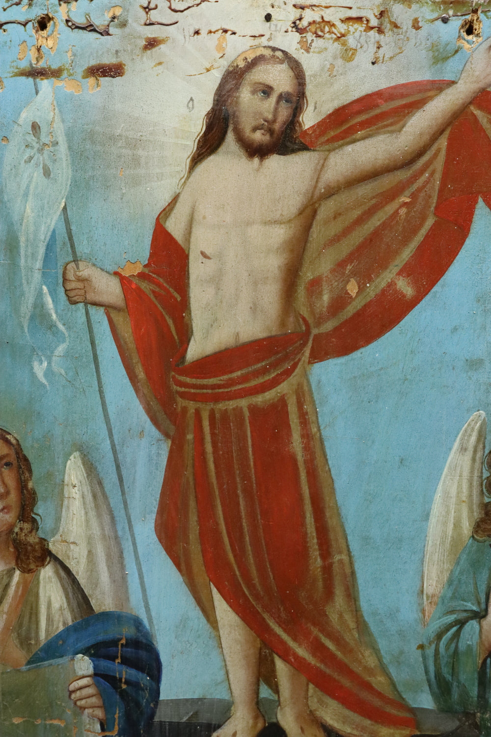 AW940: Russian Icon Christ With Arch Angeles Oil on Wood Board 19th Century