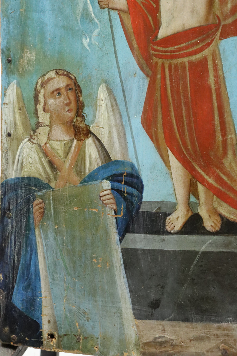 AW940: Russian Icon Christ With Arch Angeles Oil on Wood Board 19th Century