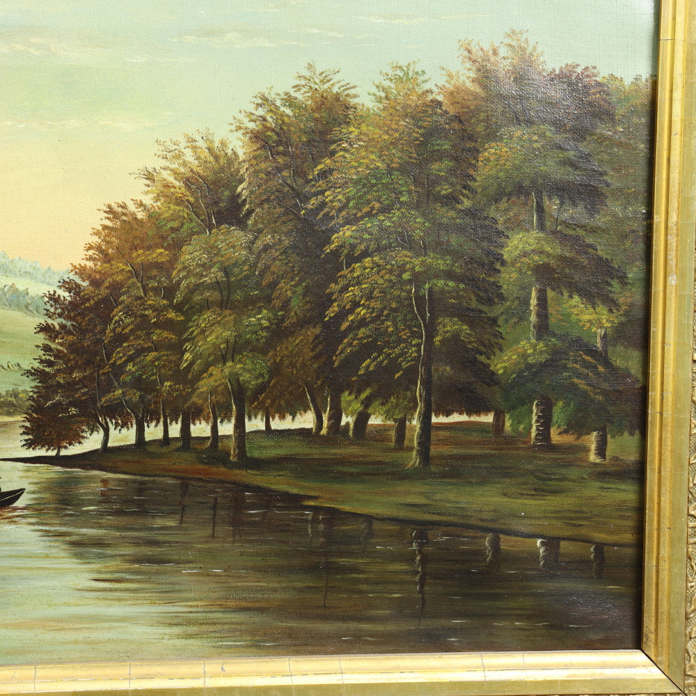 AW552: Hudson River Valley (American) School - River Landscape in Period Frame - Oil on Canvas