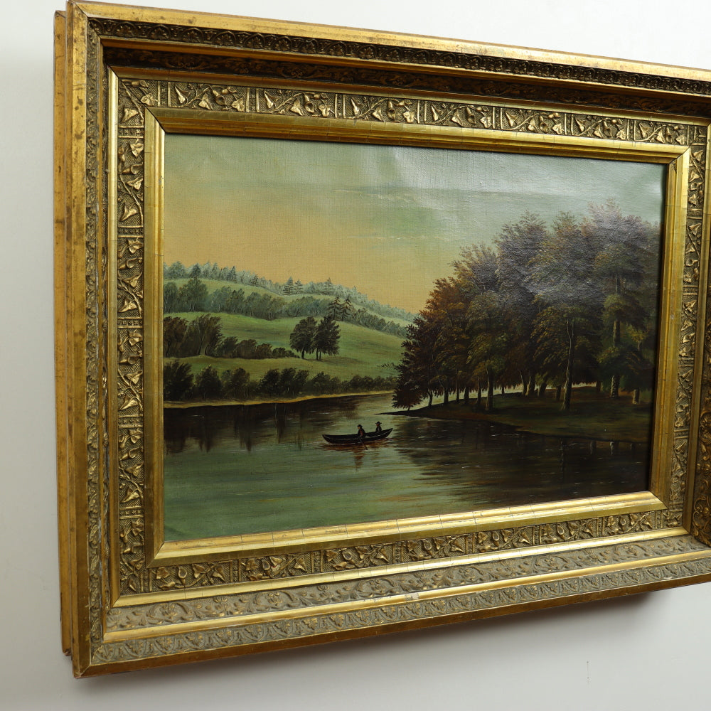 AW552: Hudson River Valley (American) School - River Landscape in Period Frame - Oil on Canvas