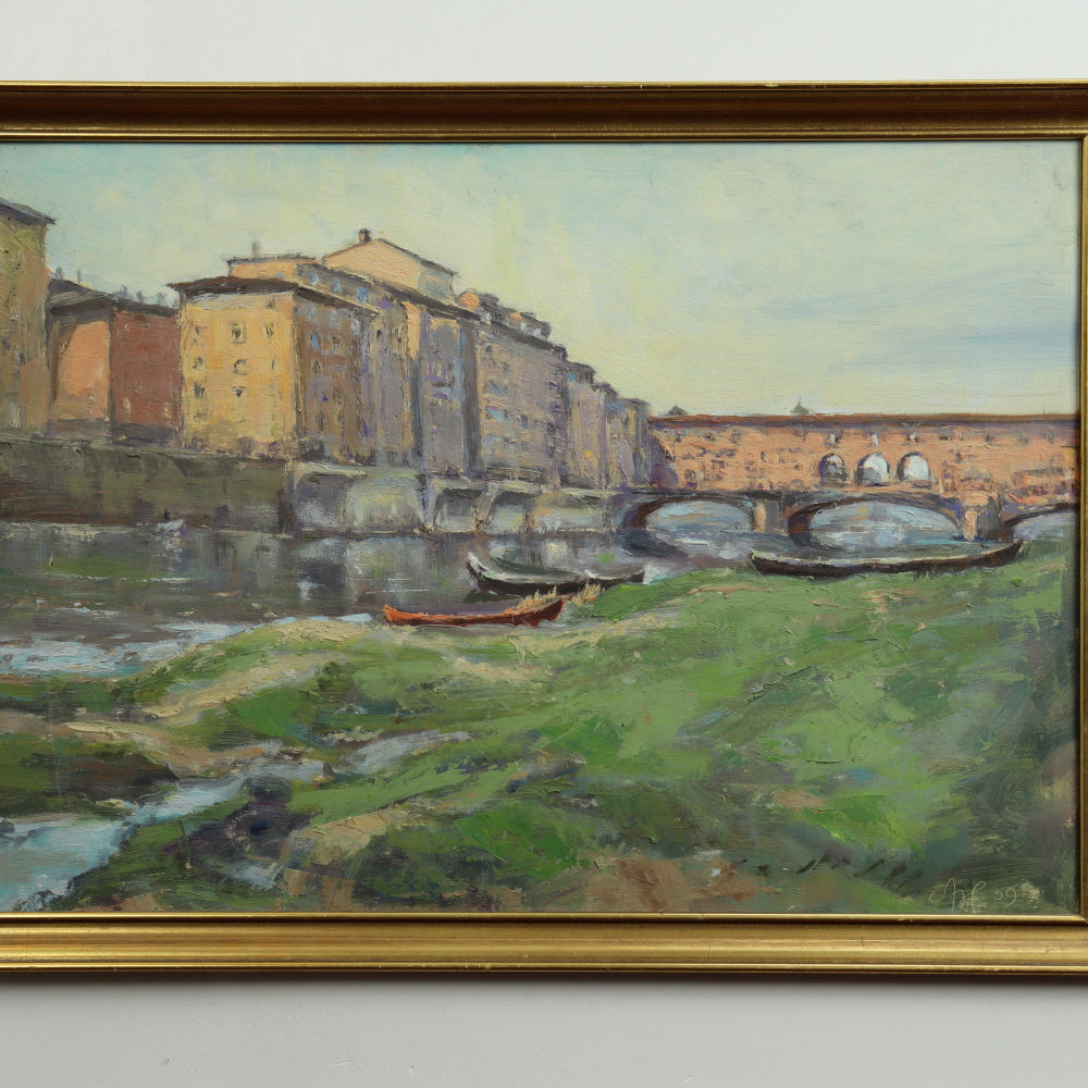 AW554: Aage Hansen View of the Ponte Vecchio, Florence Oil Painting Circa 1959