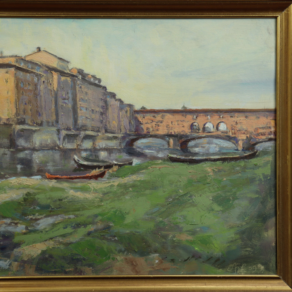 AW554: Aage Hansen View of the Ponte Vecchio, Florence Oil Painting Circa 1959