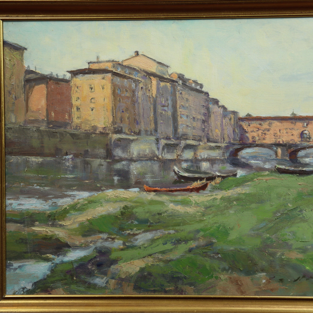 AW554: Aage Hansen View of the Ponte Vecchio, Florence Oil Painting Circa 1959