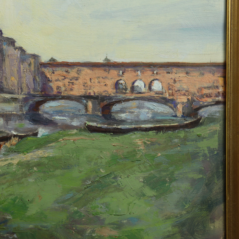 AW554: Aage Hansen View of the Ponte Vecchio, Florence Oil Painting Circa 1959