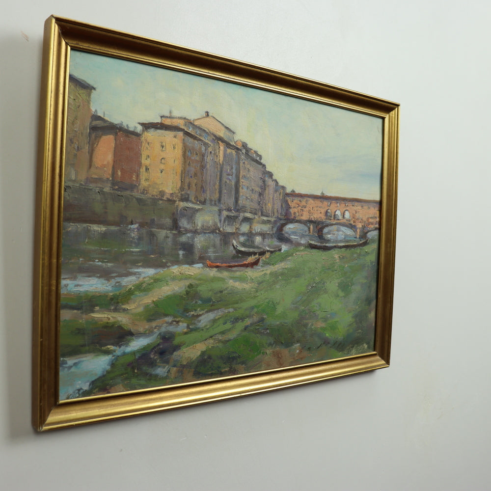 AW554: Aage Hansen View of the Ponte Vecchio, Florence Oil Painting Circa 1959