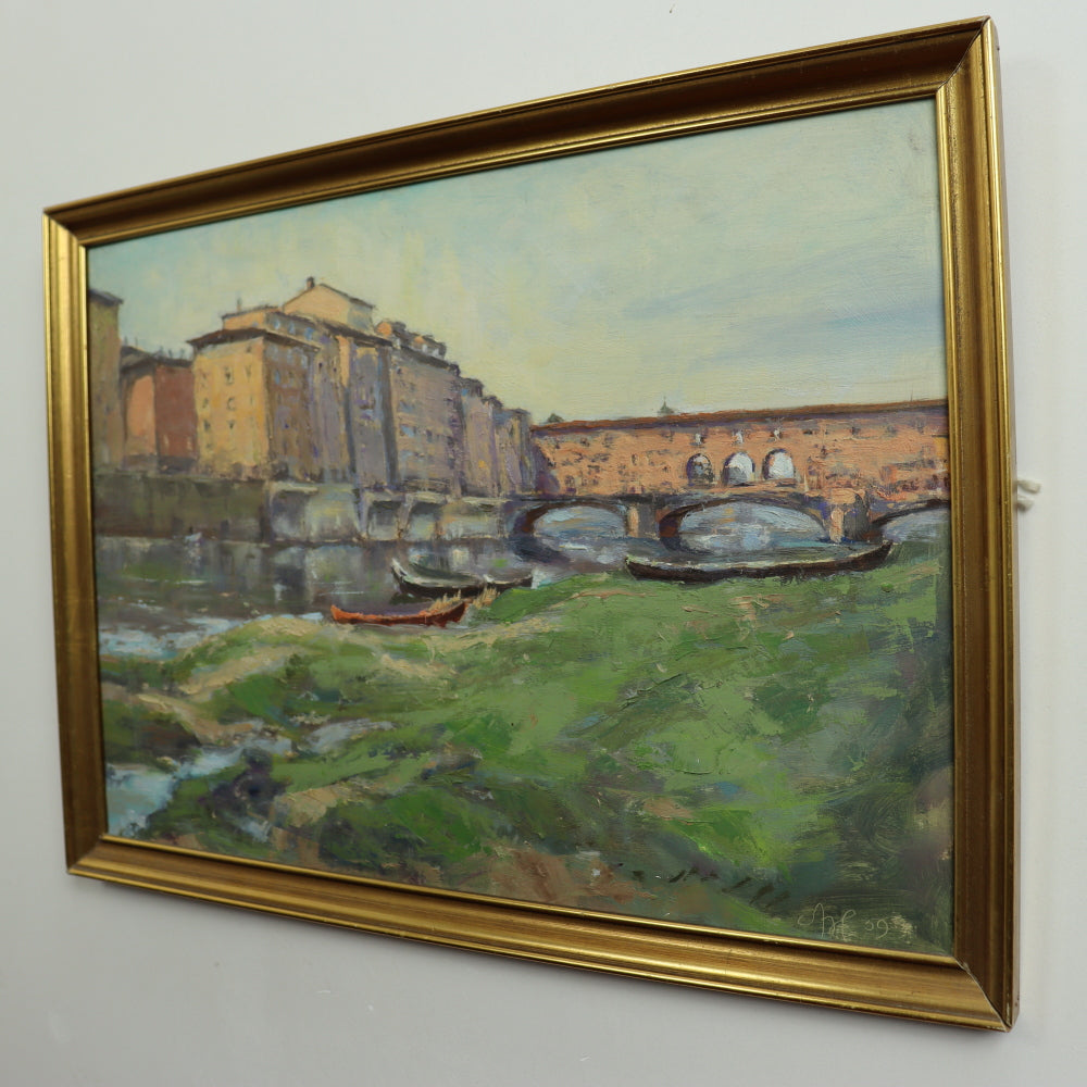 AW554: Aage Hansen View of the Ponte Vecchio, Florence Oil Painting Circa 1959