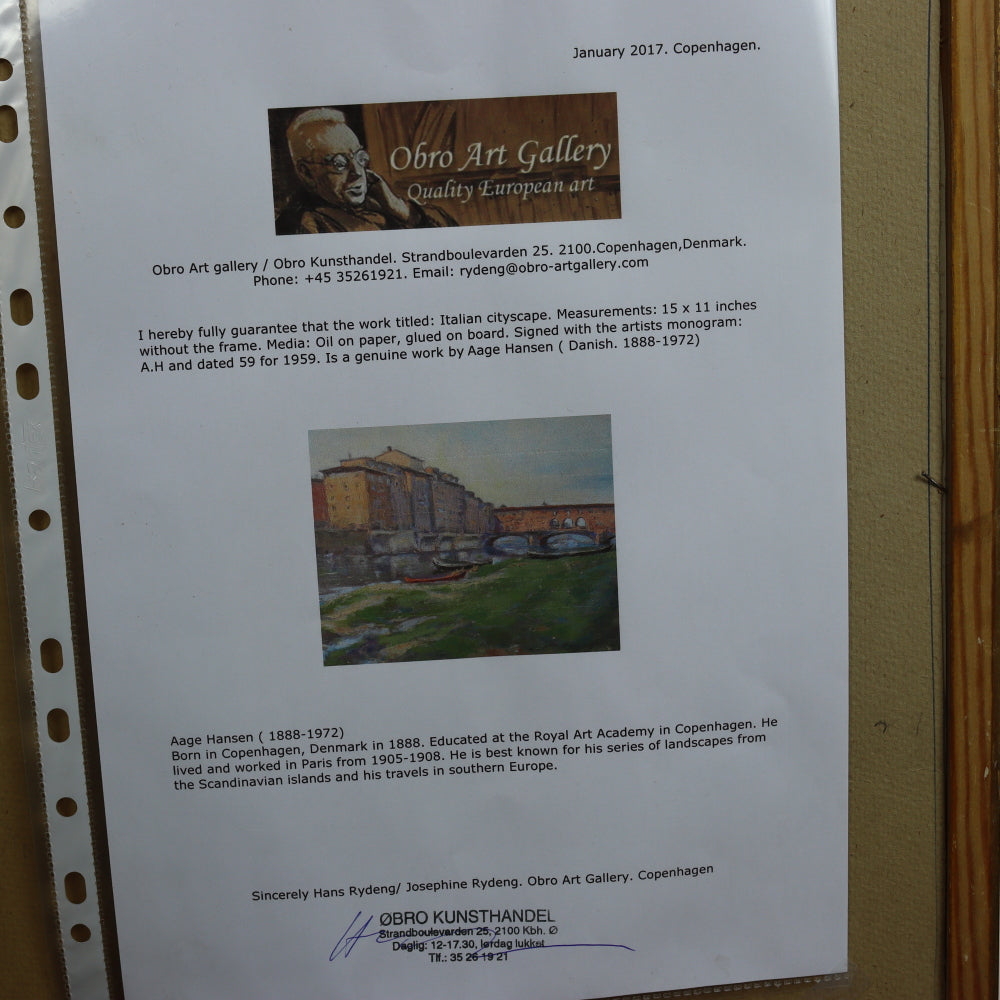 AW554: Aage Hansen View of the Ponte Vecchio, Florence Oil Painting Circa 1959