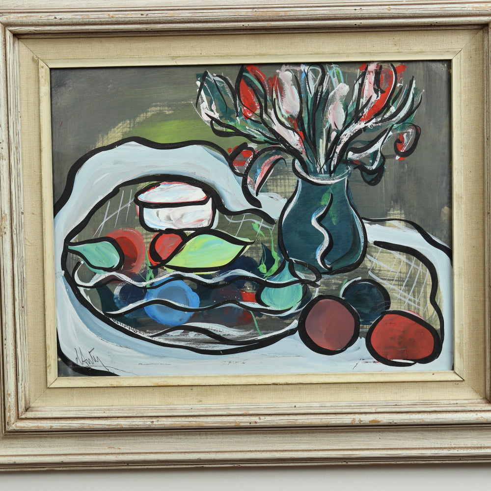 AW3-100: Mid 20th Century Cubist Still Life Painting - Illegibly Signed "Autey" - Tempura on Paper