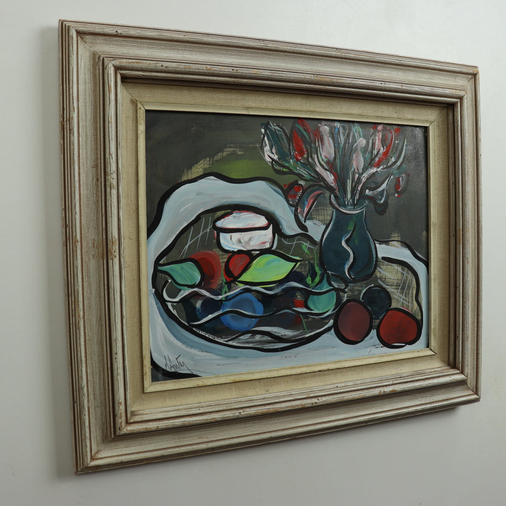 AW3-100: Mid 20th Century Cubist Still Life Painting - Illegibly Signed "Autey" - Tempura on Paper