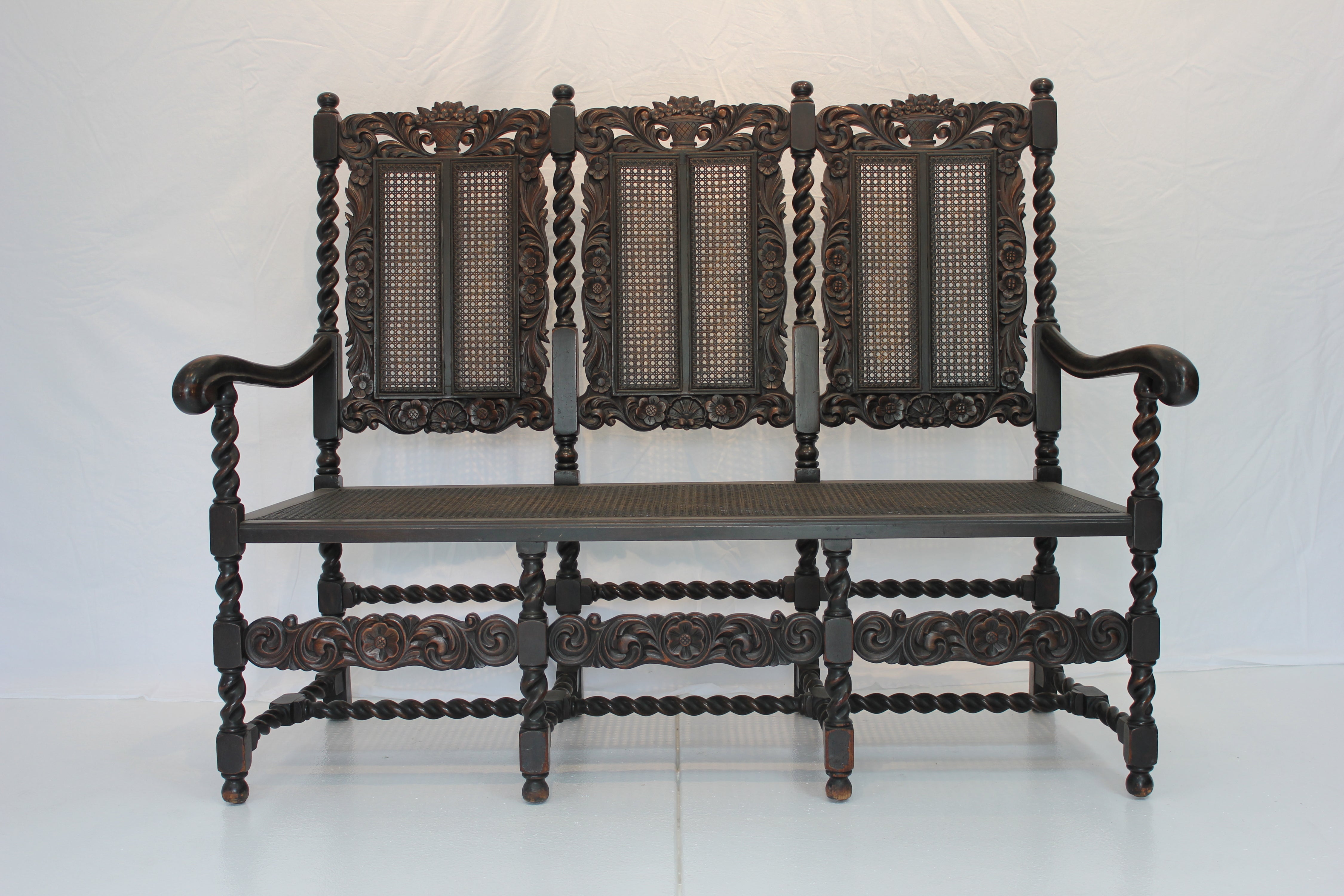 AF2-127: Antique Late 19th Century Jacobean Style Carved Oak Caned Hall Settee