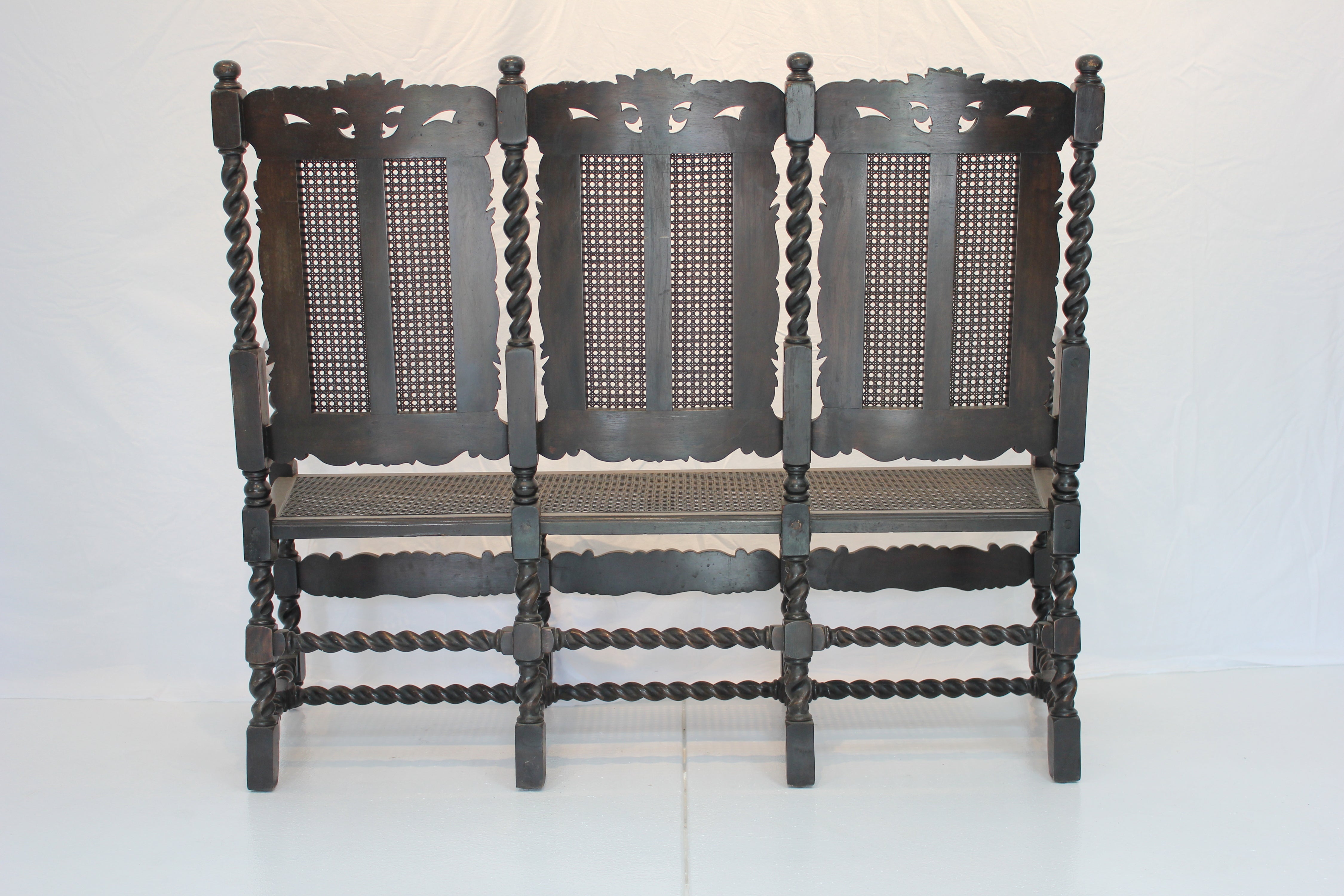 AF2-127: Antique Late 19th Century Jacobean Style Carved Oak Caned Hall Settee