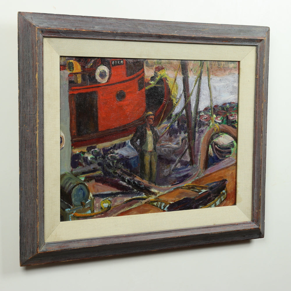 AW570: Ashcan / WPA School - "Red Tugboat" - Early 20th Century - Oil on Canvas