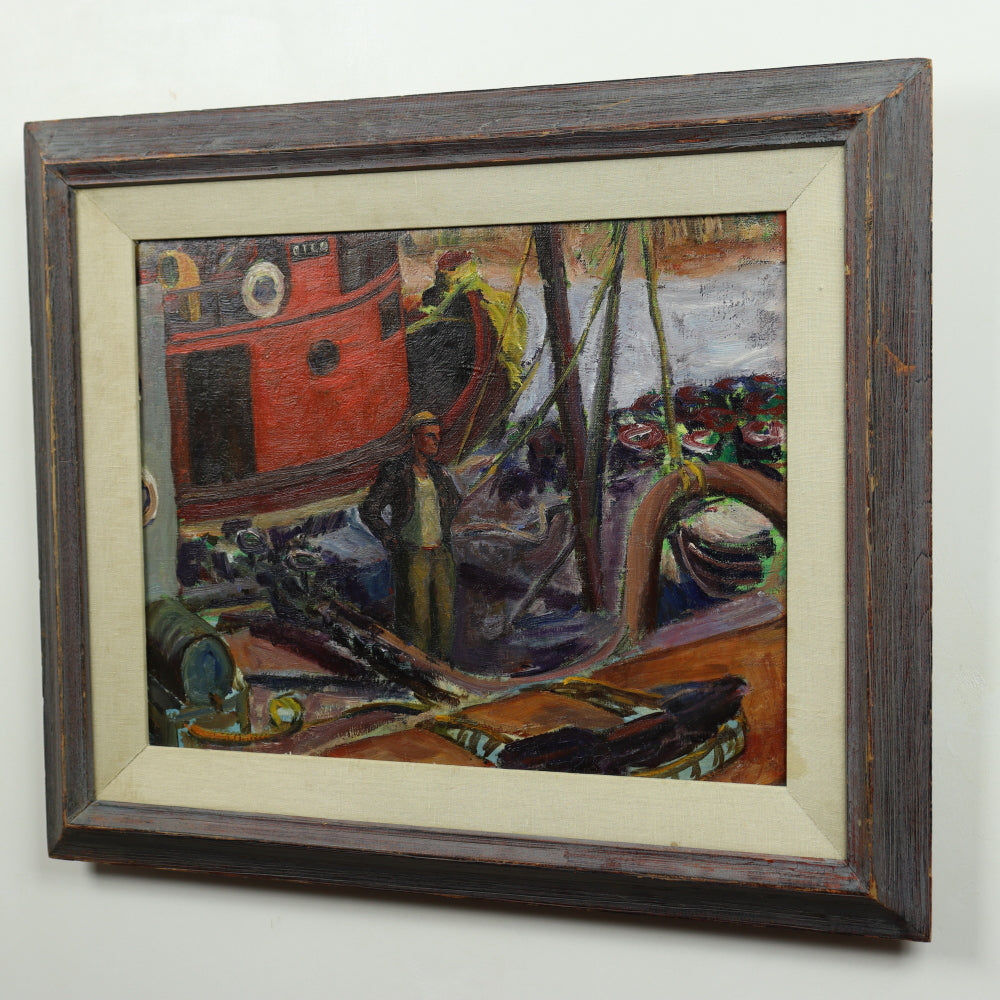 AW570: Ashcan / WPA School - "Red Tugboat" - Early 20th Century - Oil on Canvas