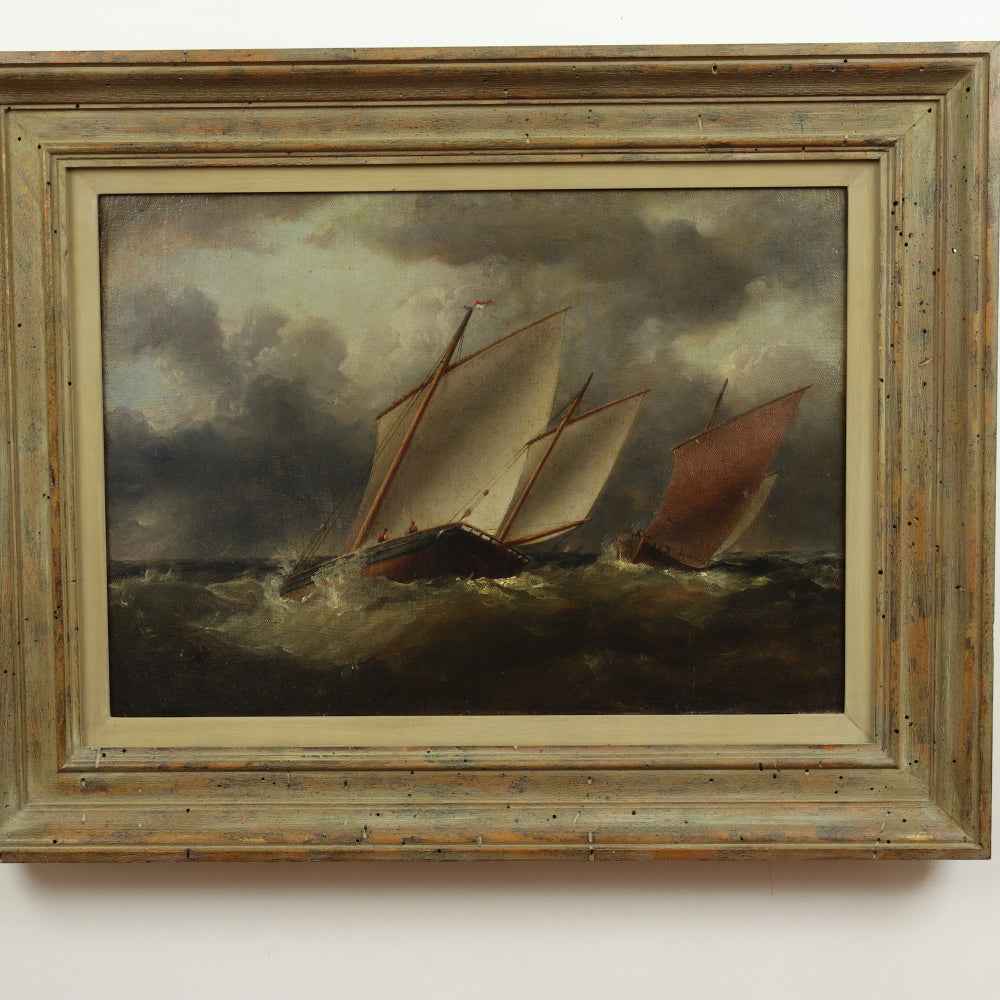 AW428: English Romanticism School - Boats On Stormy Seas - Oil on Canvas