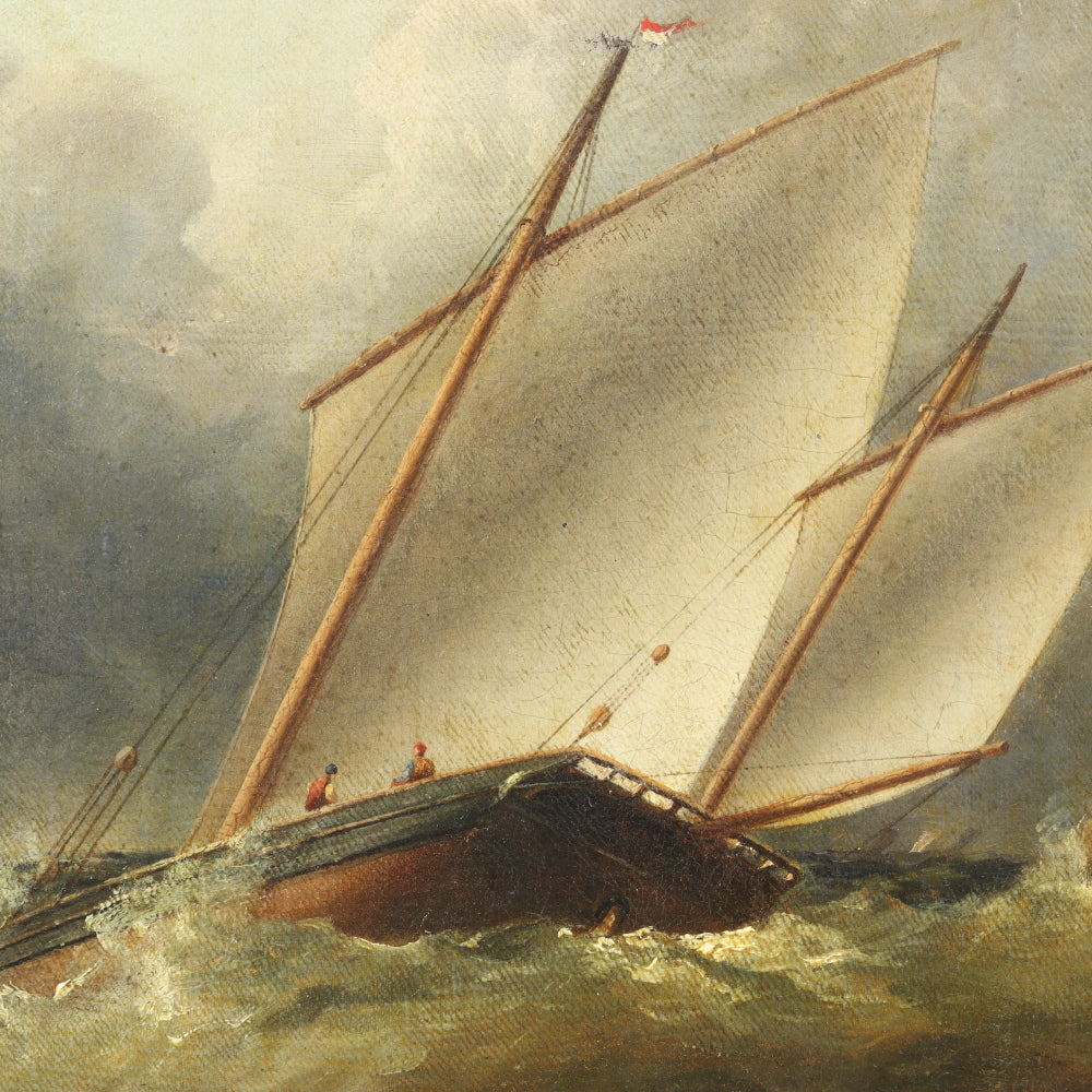 AW428: English Romanticism School - Boats On Stormy Seas - Oil on Canvas