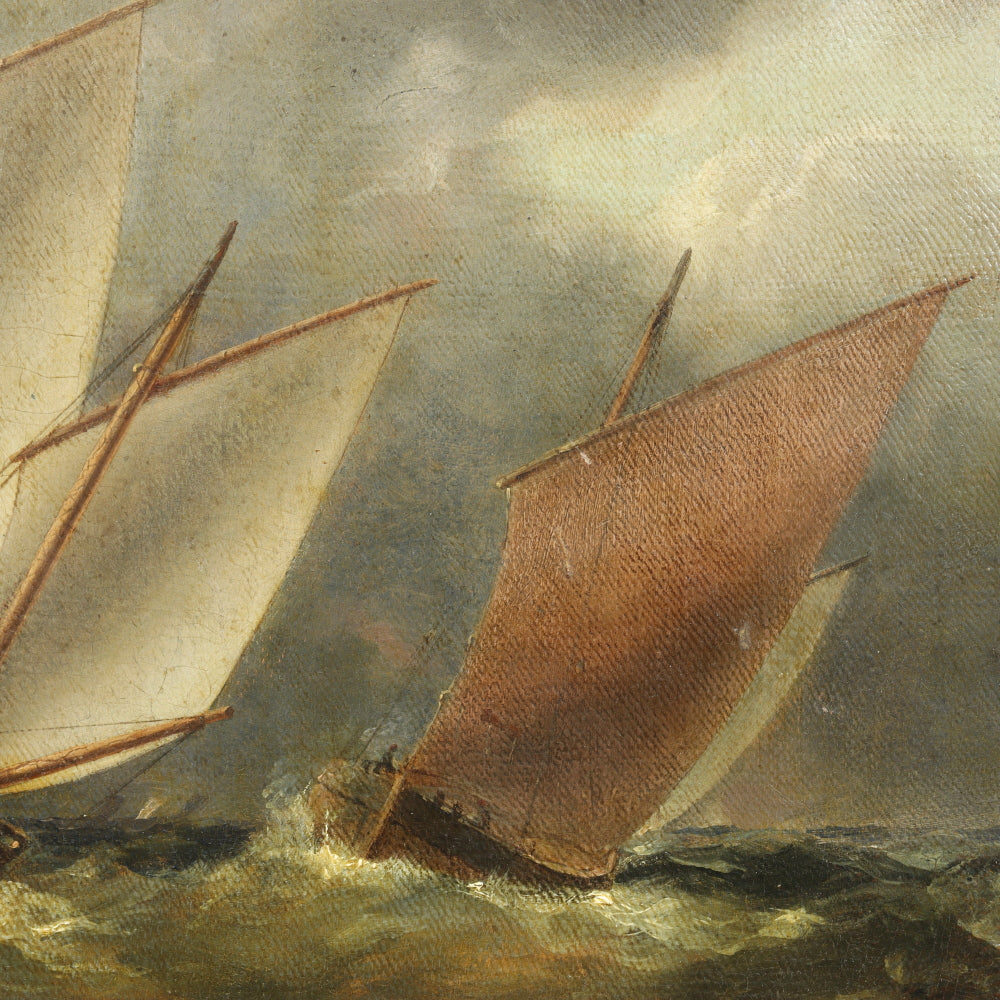 AW428: English Romanticism School - Boats On Stormy Seas - Oil on Canvas