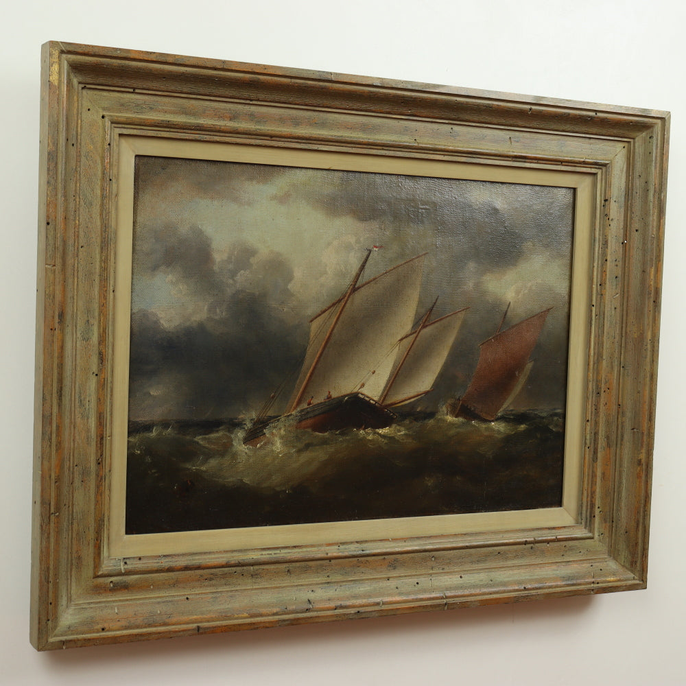 AW428: English Romanticism School - Boats On Stormy Seas - Oil on Canvas