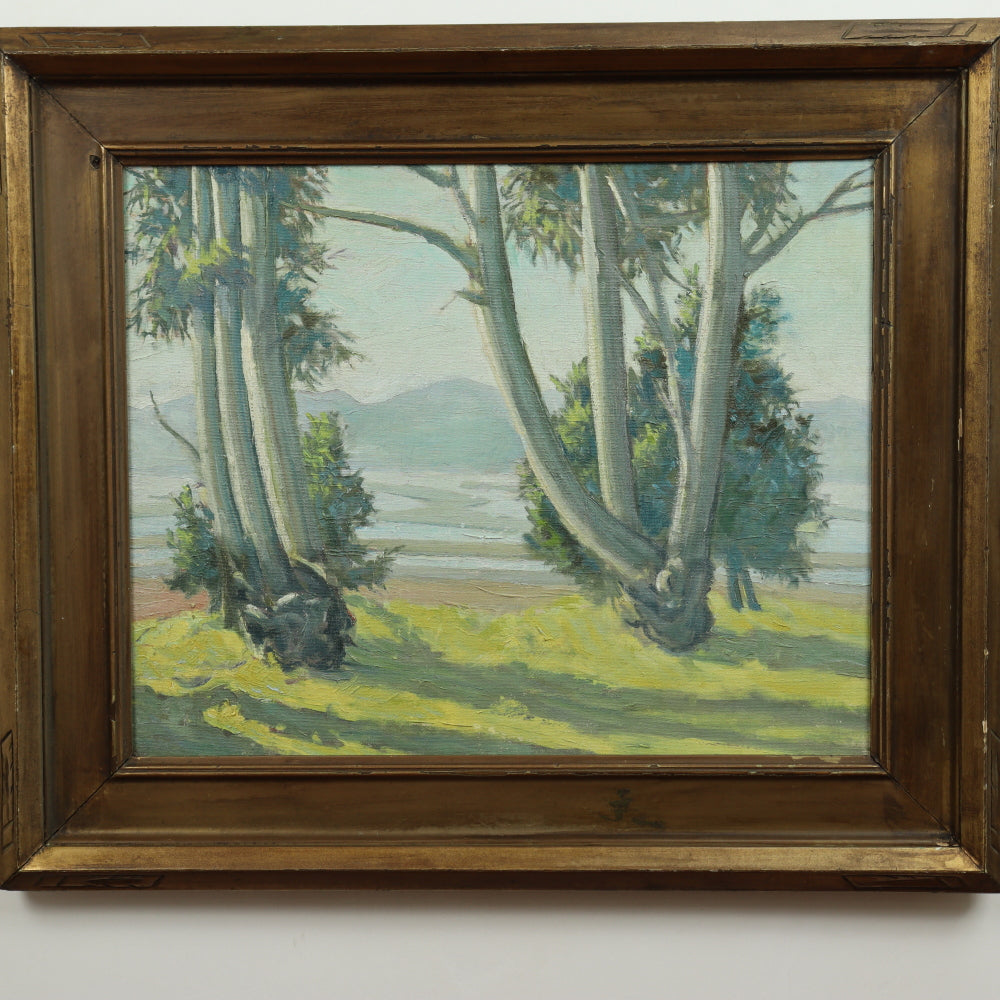 AW110: Ralph Holmes California Impressionist Oil on Board Painting "Foothills Landscape With Sycamore Trees"