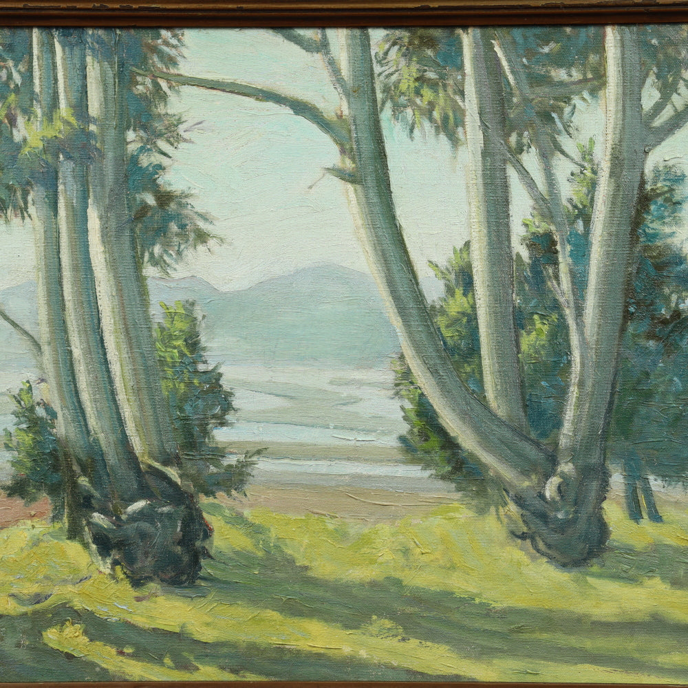 AW110: Ralph Holmes California Impressionist Oil on Board Painting "Foothills Landscape With Sycamore Trees"