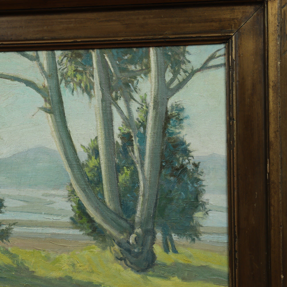 AW110: Ralph Holmes California Impressionist Oil on Board Painting "Foothills Landscape With Sycamore Trees"