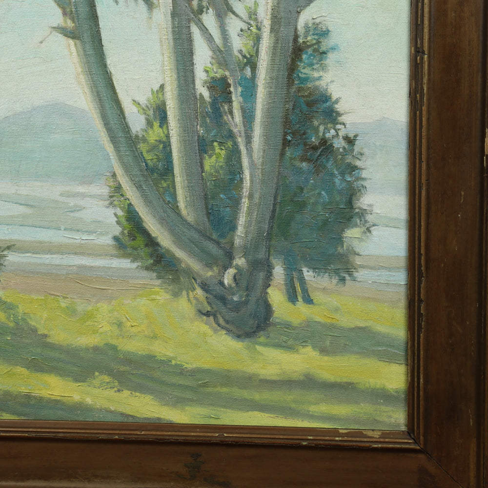 AW110: Ralph Holmes California Impressionist Oil on Board Painting "Foothills Landscape With Sycamore Trees"