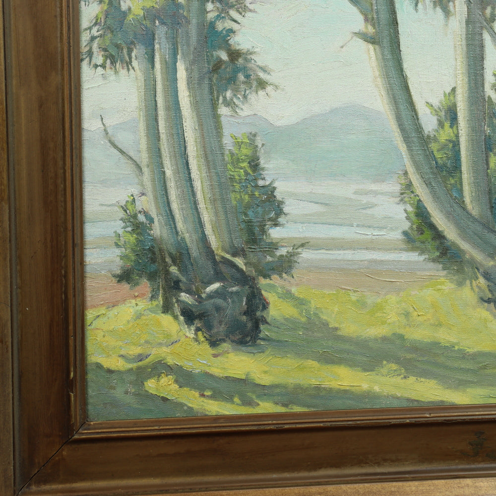 AW110: Ralph Holmes California Impressionist Oil on Board Painting "Foothills Landscape With Sycamore Trees"
