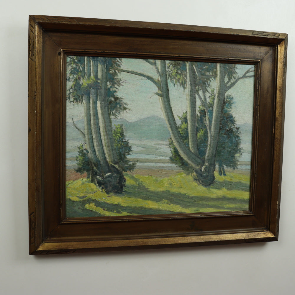 AW110: Ralph Holmes California Impressionist Oil on Board Painting "Foothills Landscape With Sycamore Trees"