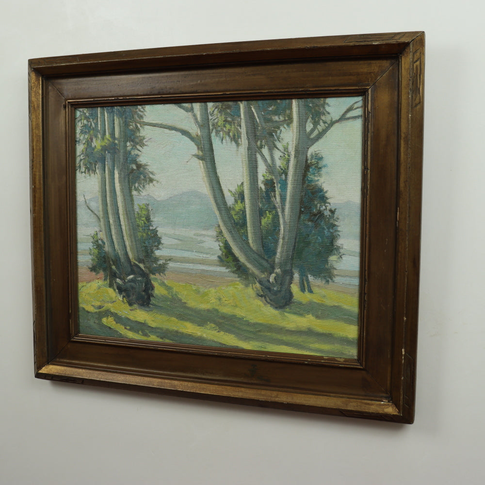 AW110: Ralph Holmes California Impressionist Oil on Board Painting "Foothills Landscape With Sycamore Trees"