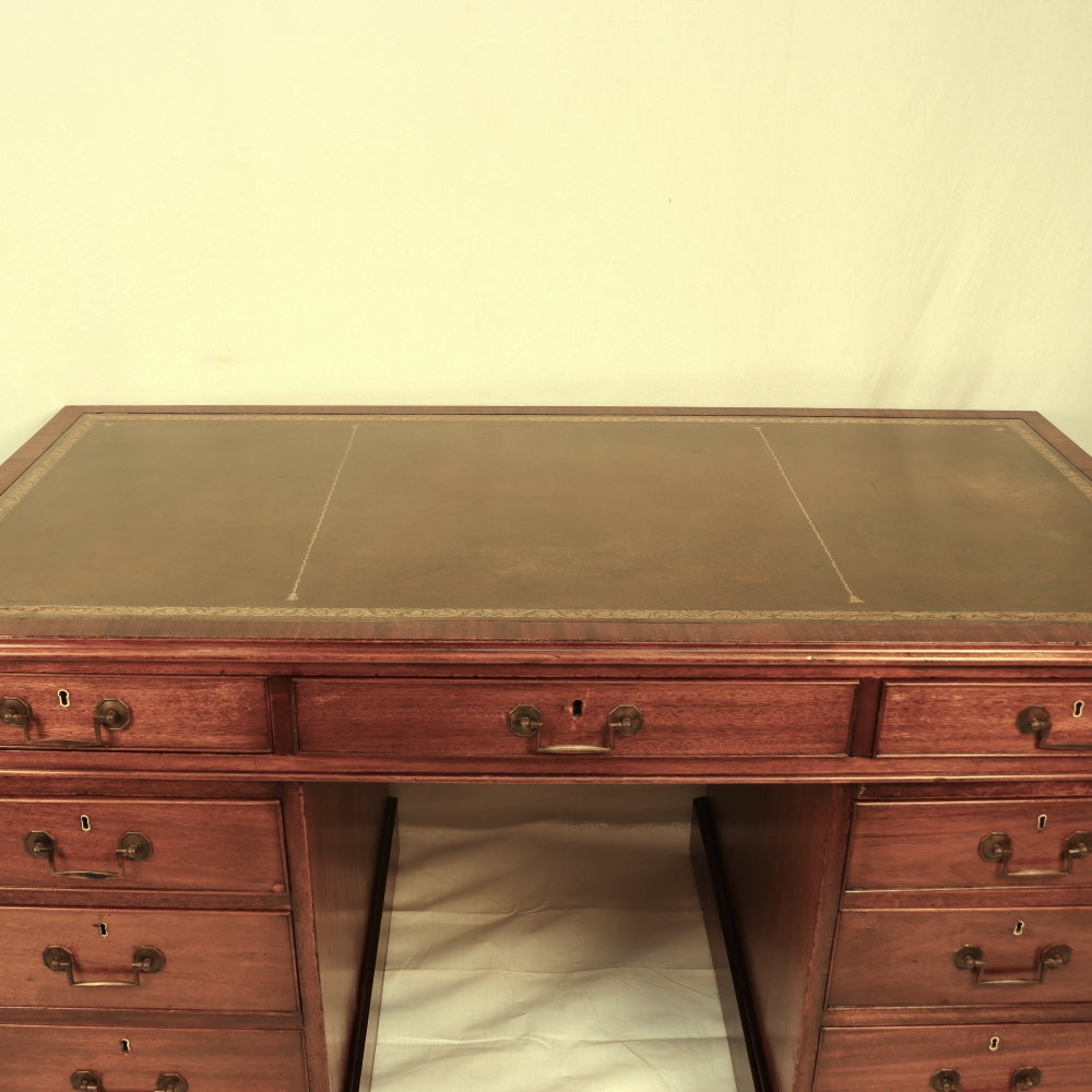 AF5-019: Restored Antique Mid 19th Century English Georgian Style  Mahogany Pedestal Desk W/ Leather Inset Top