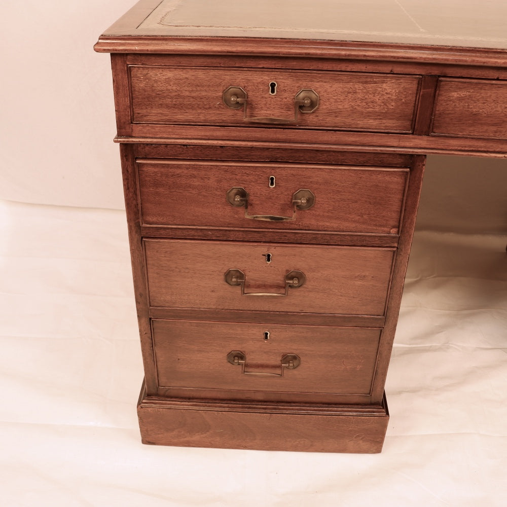 AF5-019: Restored Antique Mid 19th Century English Georgian Style  Mahogany Pedestal Desk W/ Leather Inset Top